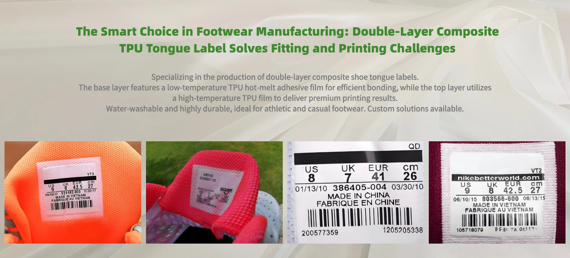 Doppelschichtiges TPU-Schuhzungenetikett mit Nieder- und Hochtemperatur-TPU-Folie von GREEN TPU, langlebig und wasserwaschbar für Sport- und Freizeitschuhe
